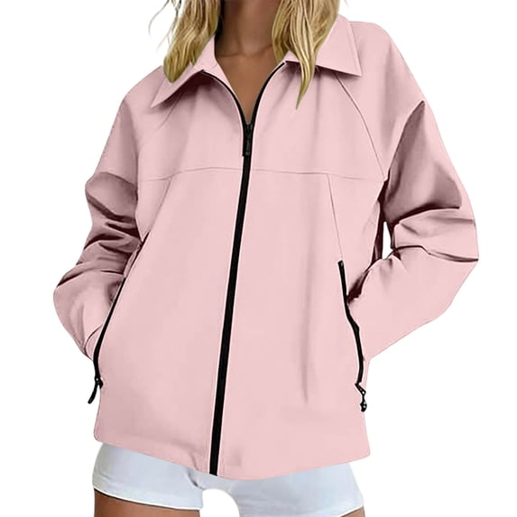 FRSASU Women's Zip Up Lightweight Windbreaker Jacket Summer Casual Loose Collar Coat Hiking Raincoat with Pockets Pink