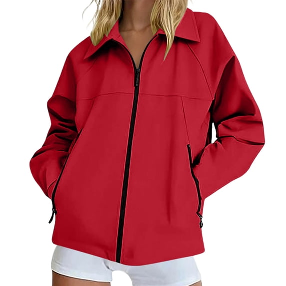 FRSASU Women's Zip Up Lightweight Windbreaker Jacket Summer Casual Loose Collar Coat Hiking Raincoat with Pockets Red