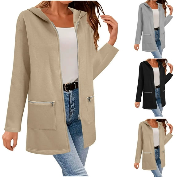 FRSASU Women's Zip up Hoodies Long Sleeve Tunic Sweatshirts Oversized Solid Casual Fall Jacket Coat with Pockets Khaki
