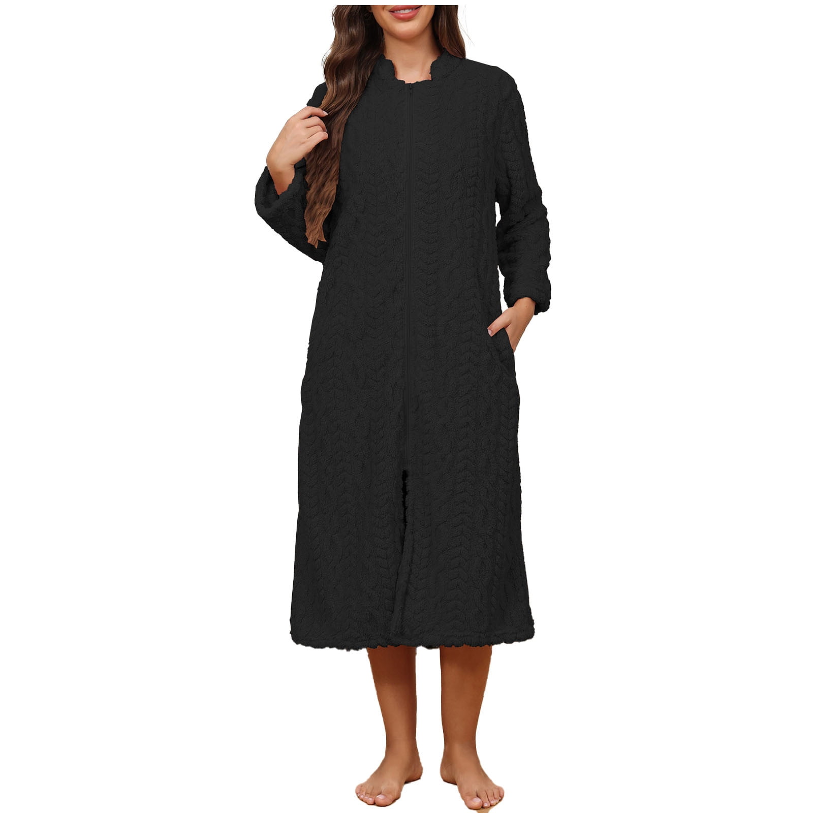 FRSASU Women's Zip up Robe Fleece Bathrobe Long Zipper Lounger Warm ...