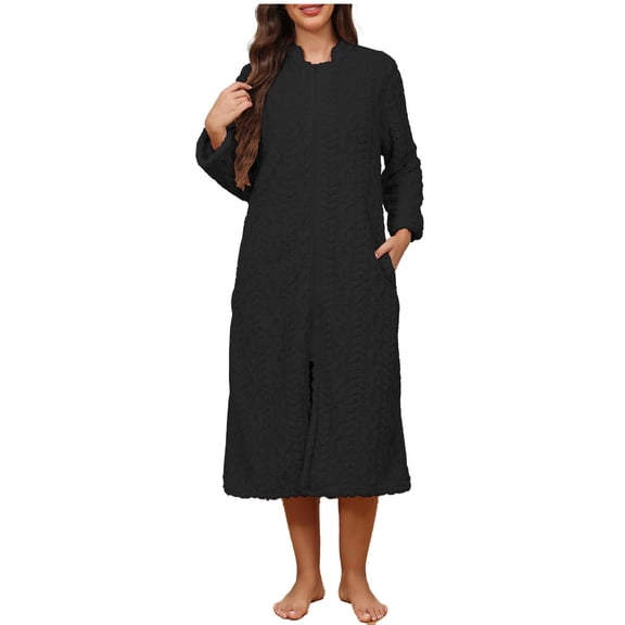 FRSASU Women's Zip up Robe Fleece Bathrobe Long Zipper Lounger Warm Housecoat Long Sleeve Nightgown Black