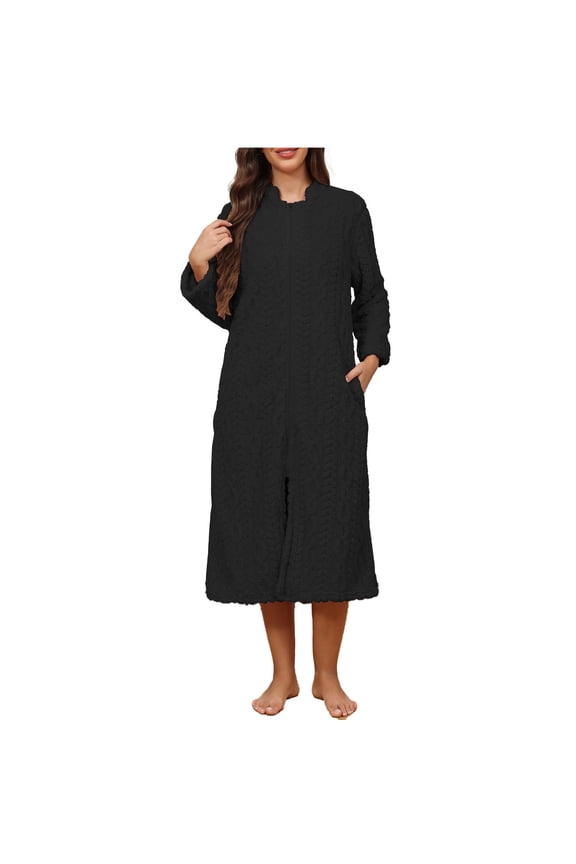 Women's Zip up Robe Fleece Bathrobe Long Zipper Lounger Warm Housecoat Long Sleeve Nightgown Black