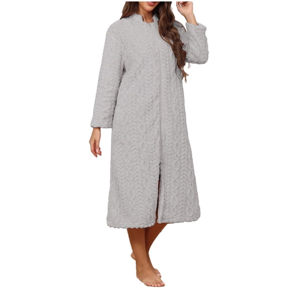 FRSASU Women's Zip up Robe Fleece Bathrobe Long Zipper Lounger Warm Housecoat Long Sleeve Nightgown Gray