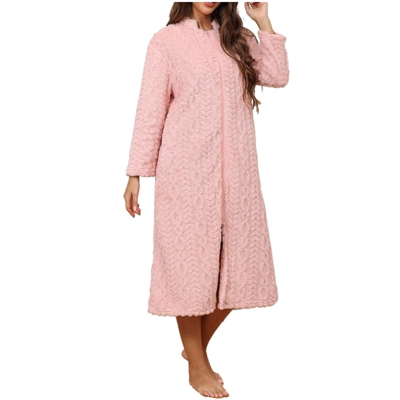 FRSASU Women's Zip up Robe Fleece Bathrobe Long Zipper Lounger Warm Housecoat Long Sleeve Nightgown Pink