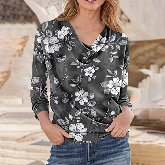 FRSASU Women's casual Leaf flowers printed loose fashion Long Sleeved T-shirt Solid Color cotton-like Stacked Collar Pleated Top Multicolor