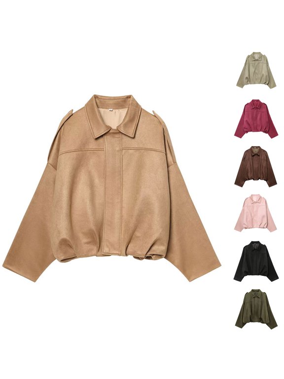 Women's casual bat sleeve zipper loose suede texture jacket Oversized Long Sleeves Trendy Outerwear Pink