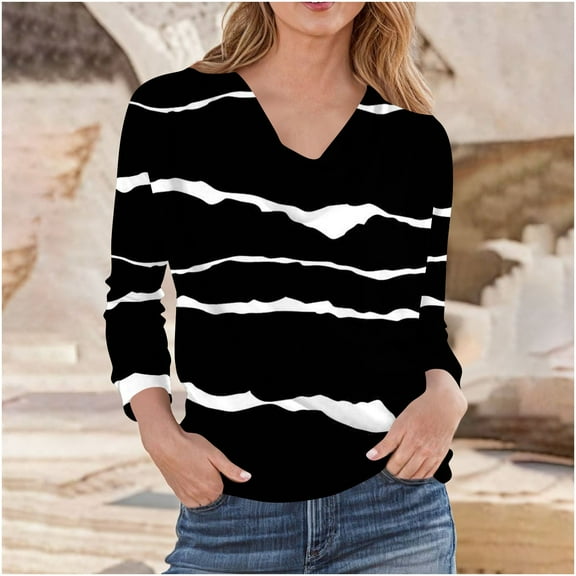 FRSASU Women's casual stripe printed loose fashion Long Sleeved T-shirt Solid Color cotton-like Stacked Collar Pleated Top Black
