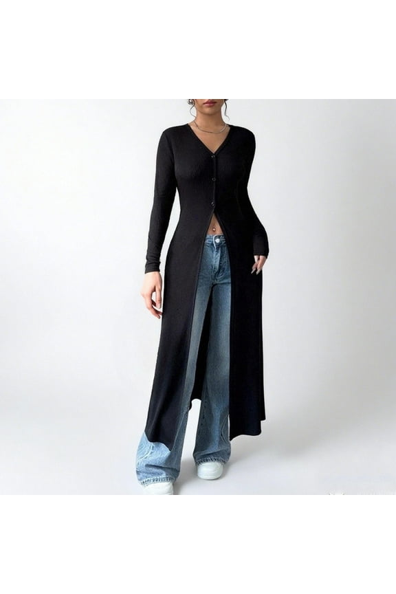Women's extra long button up cardigan long sleeved slimming versatile base shirt women's autumn and winter long sleeved t-shirt Black