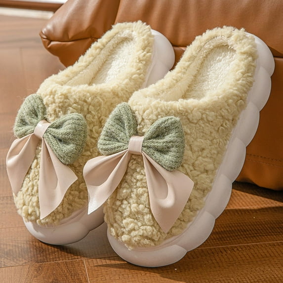 FRSASU Women's fashionable and casual winter bowknot Furry Cute slippers Indoor skin friendly plush cotton flat slippers for House Shoes Green