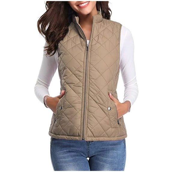 FRSASU Women's fashionable and comfortable Casual Winter warm Vest Stand Collar Sleeveless Puffy Jackets Coat with Pockets Khaki