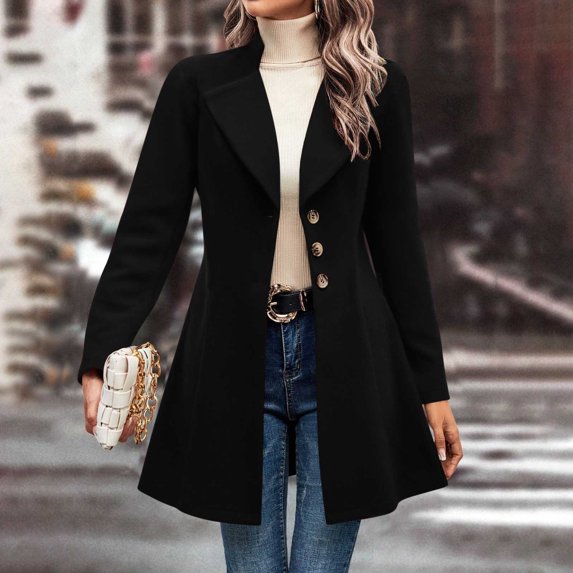 FRSASU Women’s fashionable and comfortable Trench Coat Slim single-breasted Notch Lapel Coat Thick A Line Jacket Black