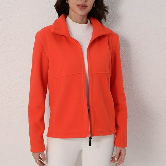 FRSASU Women's fashionable and comfortable solid color Classic-Fit Full-Zip Polar Soft Fleece Jacket Orange