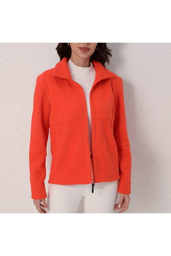 Women's fashionable and comfortable solid color Classic-Fit Full-Zip Polar Soft Fleece Jacket Orange