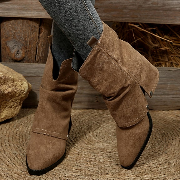 FRSASU Women's fashionable versatile casual Mid Calf Boots Chunky Heel Square Toe Up Fall Fashion Booties Shoes Khaki