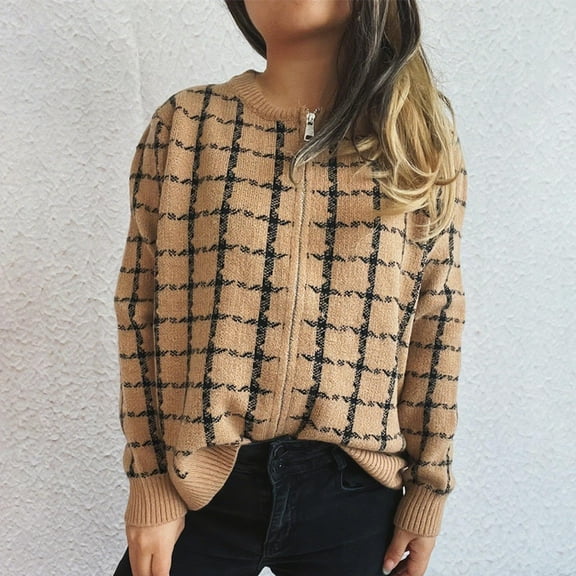 FRSASU Women's long sleeved round neck Zip Up Cardigan Sweater Knitted retro checkered Fall Outerwear Khaki
