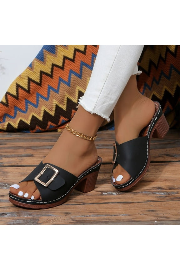 Women's metal buckle Open Toe Heels Sandals Low Block Chunky Heeled Sandal Slip on Mules Comfortable Casual Dress Pumps Shoes Black