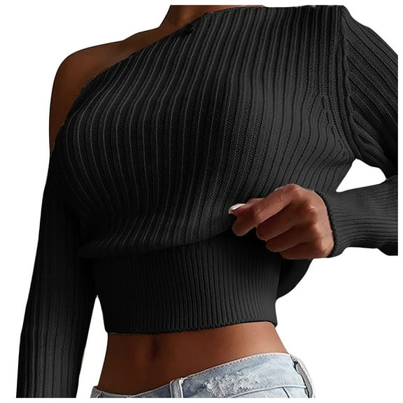 FRSASU Women's off Shoulder Tops Sweater Slim Fit Long Sleeve Lightweight Solid Color Casual Knit Crop Tops Black