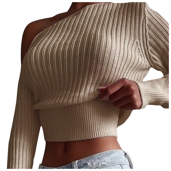 FRSASU Women's off Shoulder Tops Sweater Slim Fit Long Sleeve Lightweight Solid Color Casual Knit Crop Tops Khaki