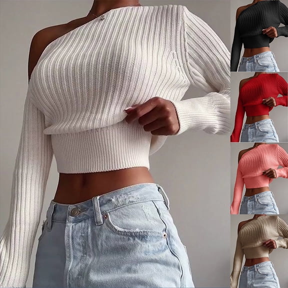 FRSASU Women's off Shoulder Tops Sweater Slim Fit Long Sleeve Lightweight Solid Color Casual Knit Crop Tops White