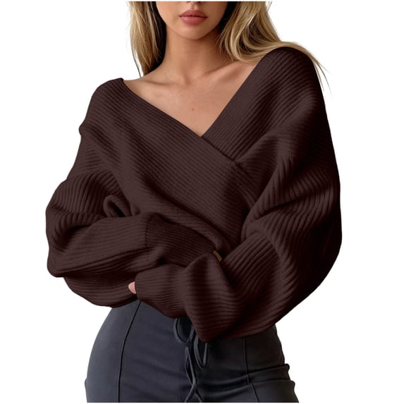 FRSASU Women's off the Shoulder Sweaters V-Neck Long Sleeve Slim Fit Ribbed Knit Fall Trendy Elegant Crop Tunic Pullover Tops Coffee