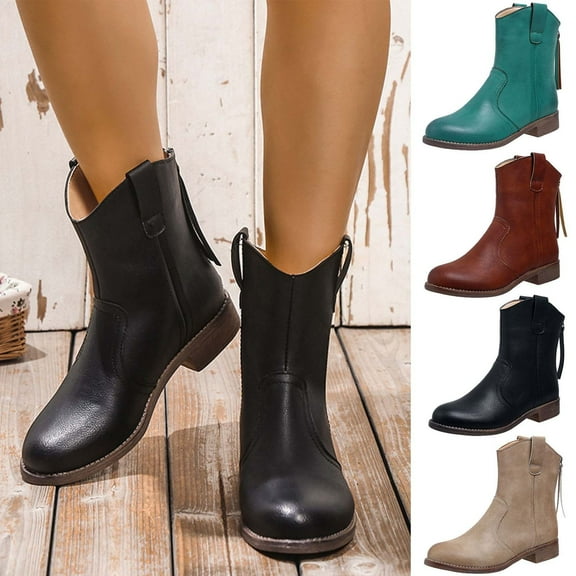 FRSASU Women's retro low heeled Martin boots with Low Chunky Heel back Zipper leather short boots Motorcycle Style Fashion Western Boots Khaki