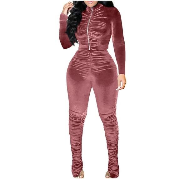 FRSASU Women's solid color casual long sleeved Long Sleeve Bodycon wrinkled two-piece set with a zipper Pink