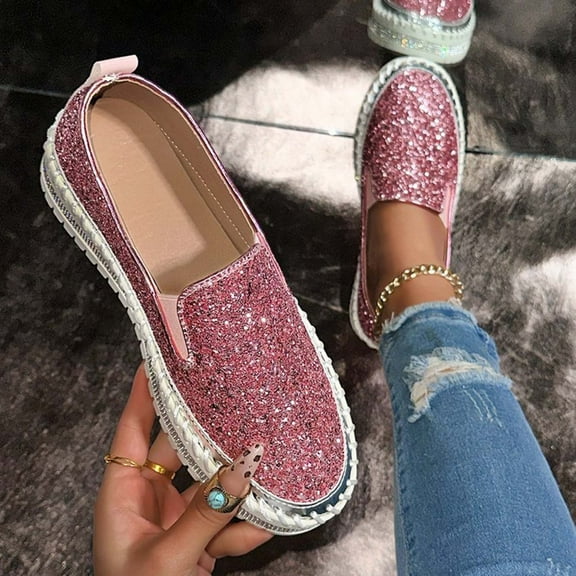 FRSASU Women's solid color sequined Flats Shoes Breathable Slip on Shoes Casual Flats Comfortable Walking Shoes Pink