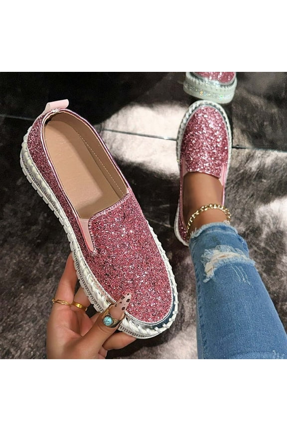 Women's solid color sequined Flats Shoes Breathable Slip on Shoes Casual Flats Comfortable Walking Shoes Pink