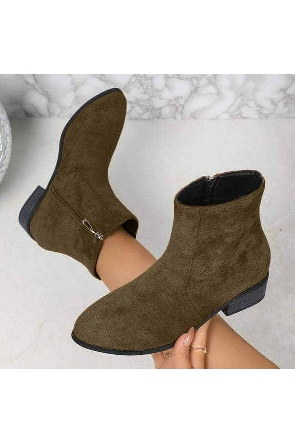 Women’s suede Ankle Boots Low Heels Short Booties Casual Comfortable Chunky Boots pointed tip Toe with Side Zipper Army Green