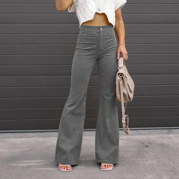 FRSASU Women solid color pocket casual flared pants Tummy Control Flared Leggings High Waisted button self-cultivation long pants Gray