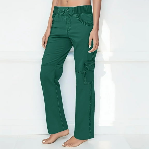 FRSASU Women solid color straight-leg Pants with Pockets Stretch Casual workwear elastic waistband sports pants Blue