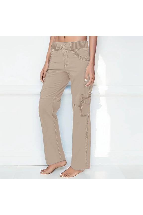 FRSASU Women solid color straight-leg Pants with Pockets Stretch Casual workwear elastic waistband sports pants Khaki