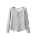 thumbnail image 1 of FRSASU Women'sthermal Pullover Winter Solid Color Button Round Neck Long Sleeved Curved Hem Plush Pajamas Tops Soft Loungewear Gray, 1 of 3