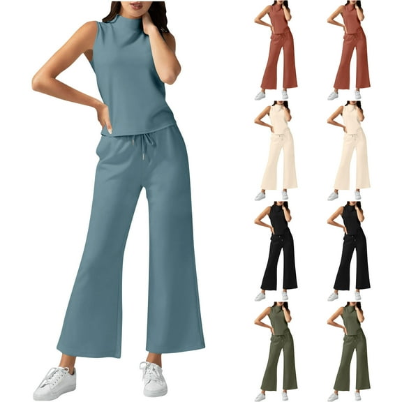 FRSASU Womens 2 Piece Fashion Temperament Outfits Solid High Neck Sleeveless Top Wide Leg Pant Lounge Sets Vacation Travel Outfits Brown XS(XS)