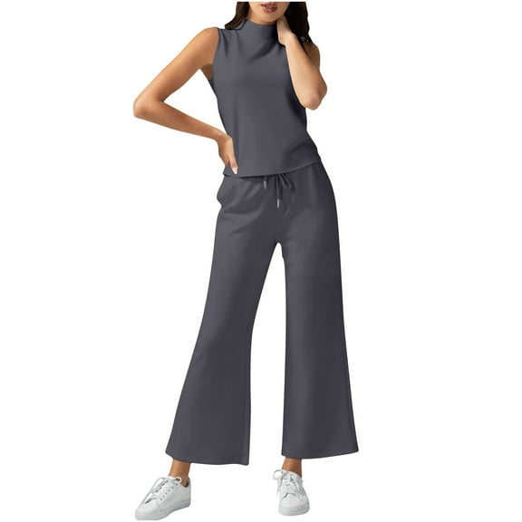 FRSASU Womens 2 Piece Fashion Temperament Outfits Solid High Neck Sleeveless Top Wide Leg Pant Lounge Sets Vacation Travel Outfits Gray L(L)