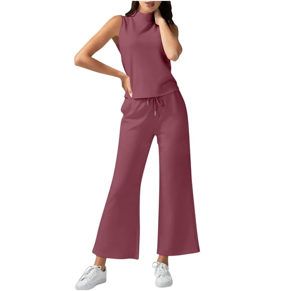 FRSASU Womens 2 Piece Fashion Temperament Outfits Solid High Neck Sleeveless Top Wide Leg Pant Lounge Sets Vacation Travel Outfits Purple L(L)