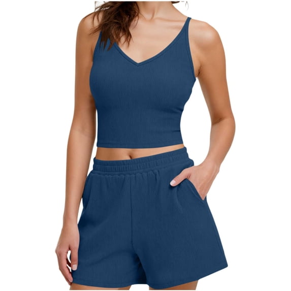 FRSASU Womens 2 Piece Lounge Sets Summer Outfits V Neck Tank Top Short Matching Set Casual Travel Beach Vacation Clothes Blue