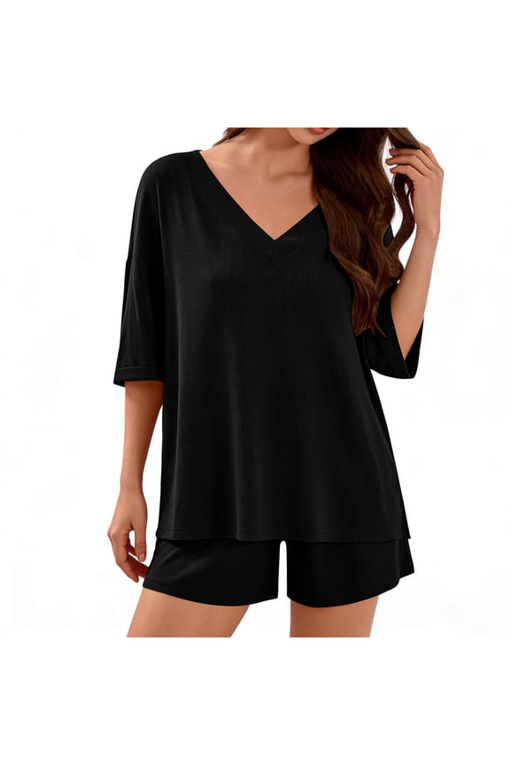Womens 2 Piece Lounge Sets Summer Two Piece Outfits Ribbed Knit V Neck Short Sleeve Tee and Pockets Shorts Sets Black