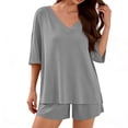 thumbnail image 1 of FRSASU Womens 2 Piece Lounge Sets Summer Two Piece Outfits Ribbed Knit V Neck Short Sleeve Tee and Pockets Shorts Sets Gray, 1 of 5