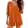 thumbnail image 1 of FRSASU Womens 2 Piece Lounge Sets Summer Two Piece Outfits Ribbed Knit V Neck Short Sleeve Tee and Pockets Shorts Sets Orange, 1 of 5
