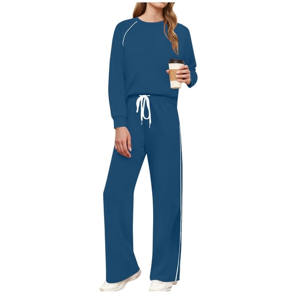 FRSASU Womens 2 Piece Outfits Lounge Sets Long Sleeve Round Neck Pullover Tops Elastic Wide Leg Pants Set Sweatsuits Tracksuit Blue