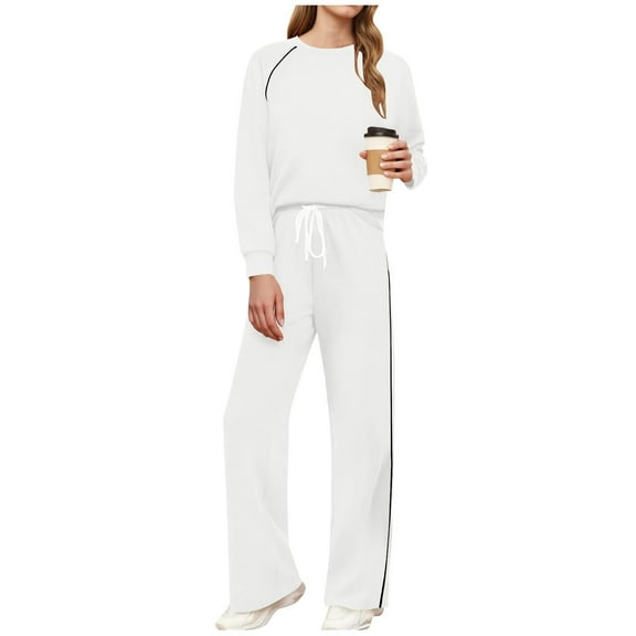 FRSASU Womens 2 Piece Outfits Lounge Sets Long Sleeve Round Neck Pullover Tops Elastic Wide Leg Pants Set Sweatsuits Tracksuit White