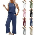 thumbnail image 1 of FRSASU Womens 2 Piece Outfits Summer Button Round Neck Sleeveless Top Wide Leg Pant Solid Lounge Sets Vacation Travel Outfits White, 1 of 9