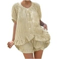 thumbnail image 1 of FRSASU Womens 2 Piece Ruffle Pajama Set Gingham Button Down Short Sleeve Shirts and Shorts Plaid Spring Summer Outfits Khaki, 1 of 7