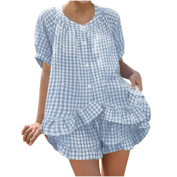FRSASU Womens 2 Piece Ruffle Pajama Set Gingham Button Down Short Sleeve Shirts and Shorts Plaid Spring Summer Outfits Light Blue
