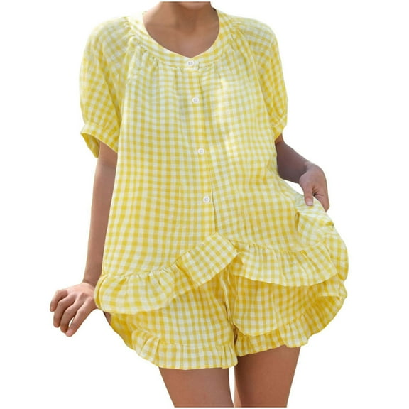 FRSASU Womens 2 Piece Ruffle Pajama Set Gingham Button Down Short Sleeve Shirts and Shorts Plaid Spring Summer Outfits Yellow