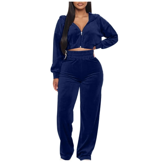 FRSASU Womens 2 Piece Velour Tracksuit Two Piece Soft Velvet Hooded Sweatsuits for Women Lounge Navy