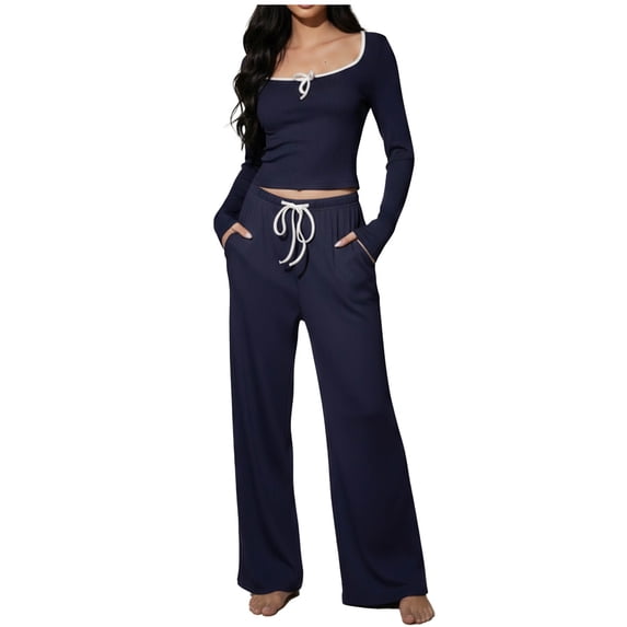 FRSASU Womens 2 Pieces Lounge Sets Crewneck Long Sleeve Wide Leg Drawstring Flared Pants Loose Fit Pajama Sets Blue