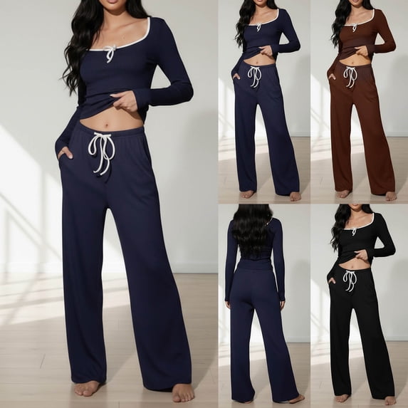 FRSASU Womens 2 Pieces Lounge Sets Crewneck Long Sleeve Wide Leg Drawstring Flared Pants Loose Fit Pajama Sets Brown