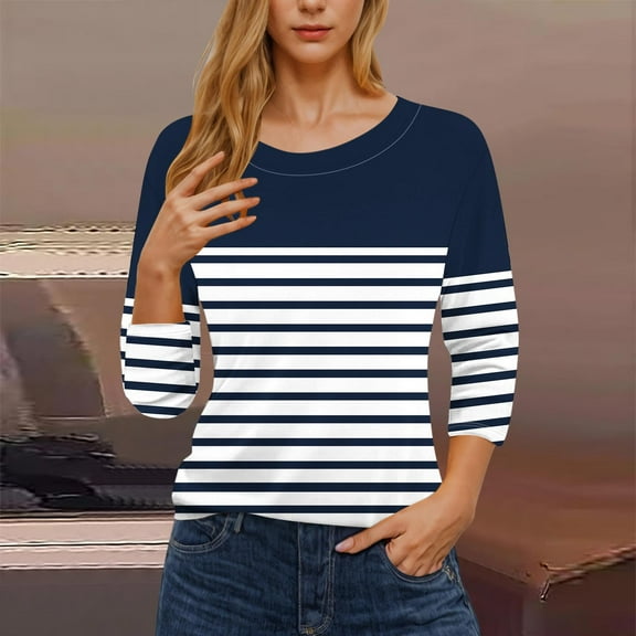 FRSASU Womens 3/4 Sleeve Fashion Crewneck Tops Patchwork Striped Blouse Casual Loose Comfy Shirt Navy